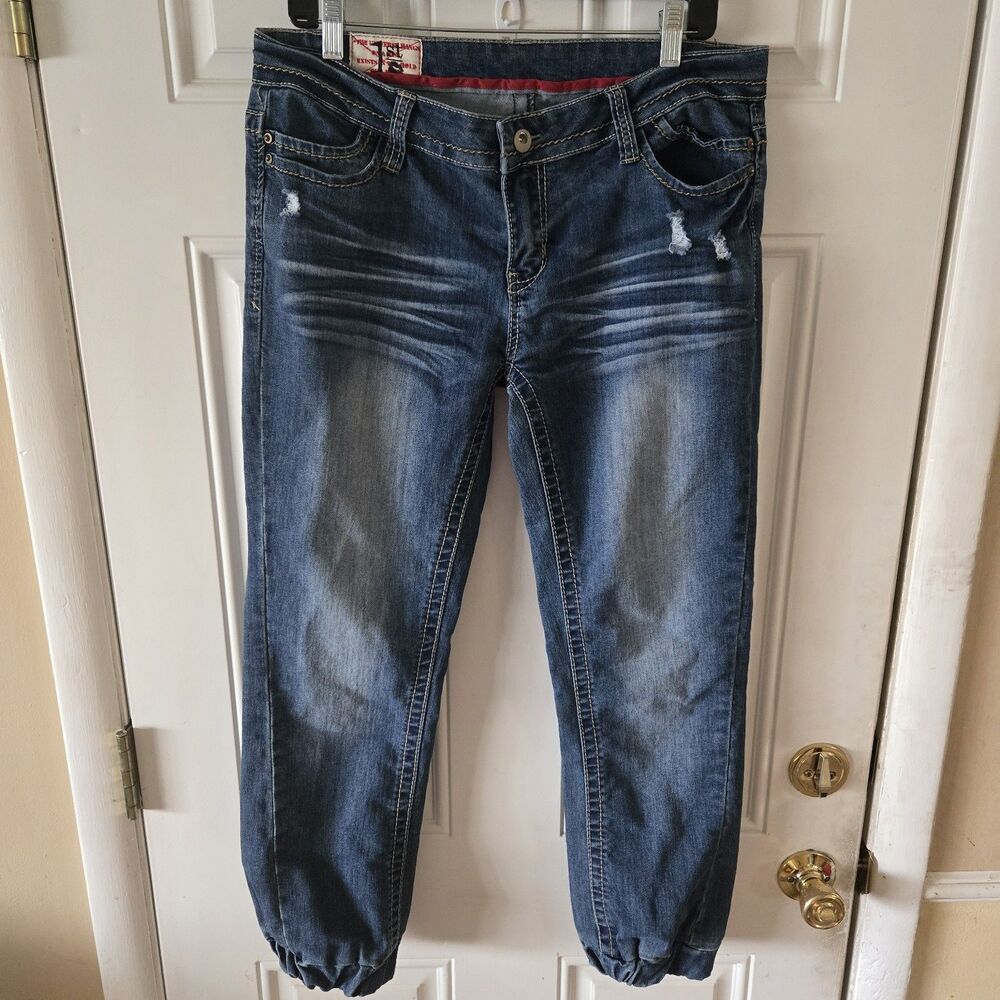 1st Kiss Y2K Mall Core Jogger Jeans Sz 13 34x28 Distressed Elastic Hem 2000s VTG